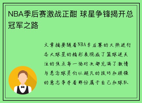 NBA季后赛激战正酣 球星争锋揭开总冠军之路